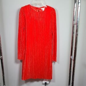H&M Vibrant Red Pleated Long-Sleeve Shift Dress